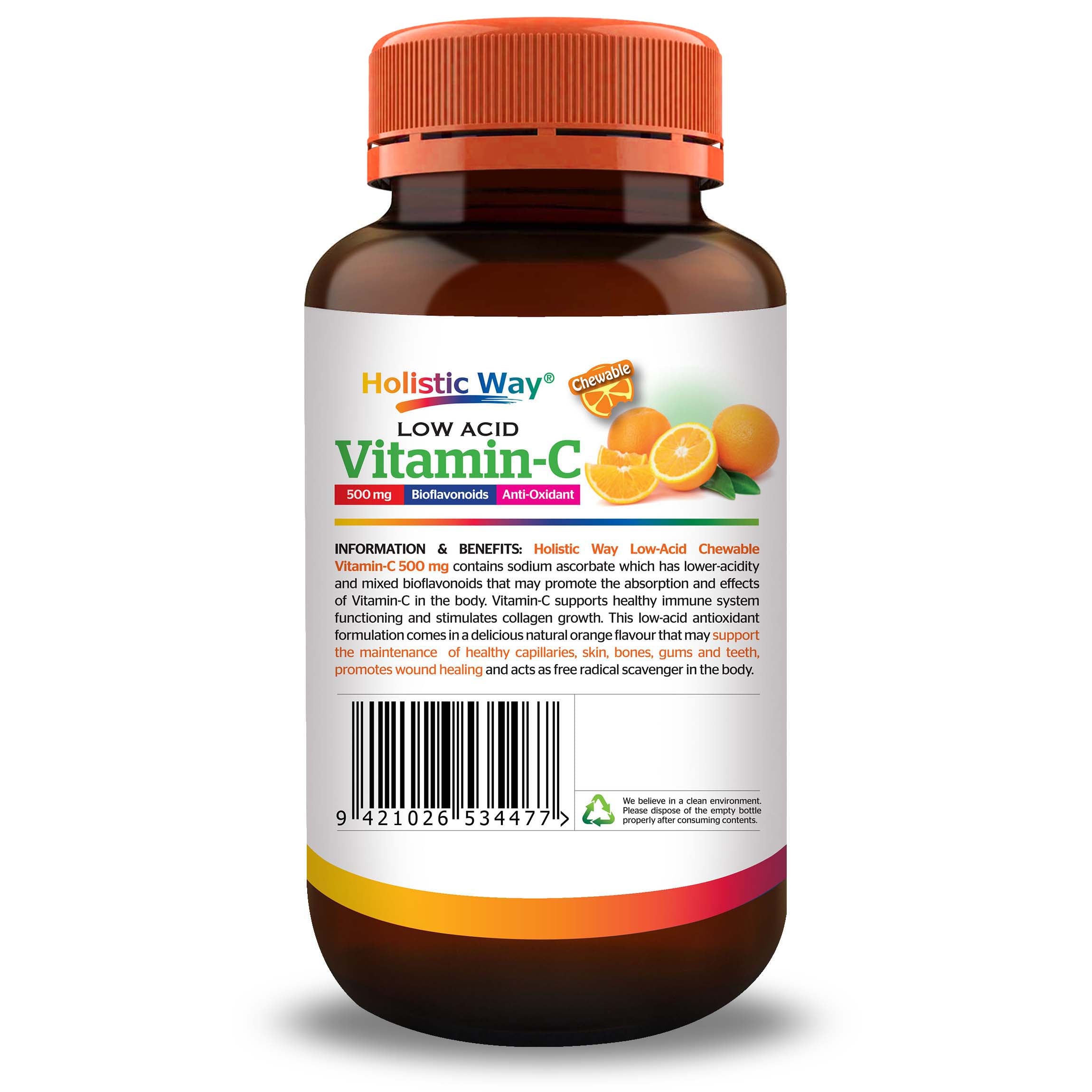 Holistic Way Chewable Vitamin-C 500mg (Low-Acid) (50 Tablets)